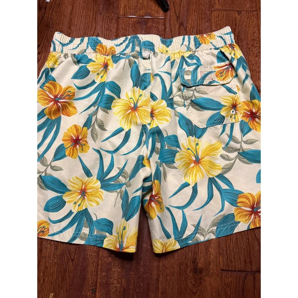 Caribbean Joe Mens XL Swim Trunks Tropical Hibiscus‎ Floral Board Shorts Tan